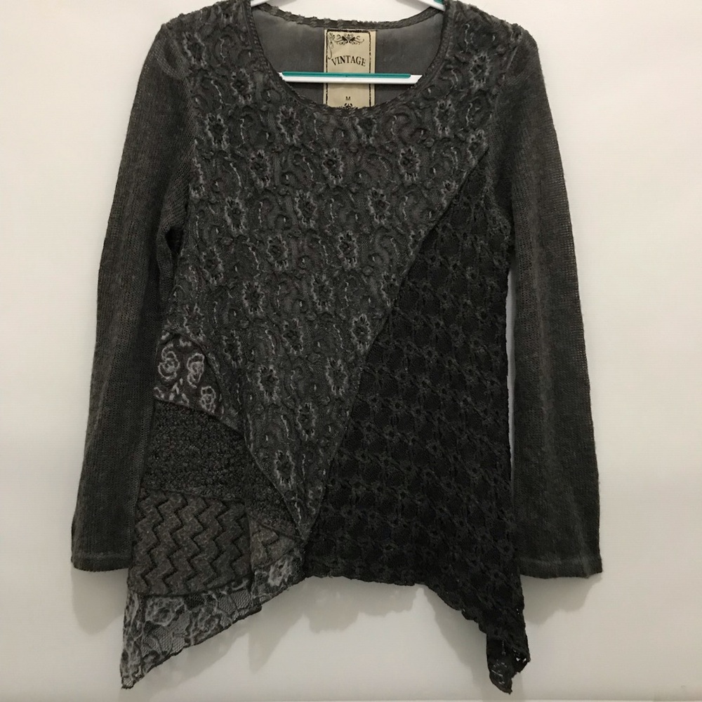 Vintage Concept Gray Patchwork Lace Long Sleeve T… - image 1